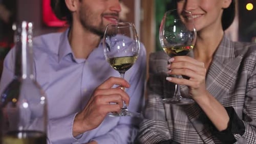 Nested Sequence Couple On Date. Man And Woman Drinking Wine At Restaurant