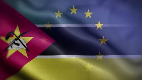 Waving Flags of Mozambique and European Union