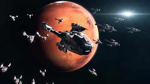 Futuristic Space Fleet Orbiting a Red Planet with Distant Star