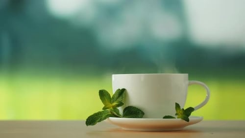 Mint Tea in White Cup Closeup
