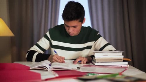 Portrait of Concentrated Asian Boy Studying at the Table. Handsome Young College Student Writing