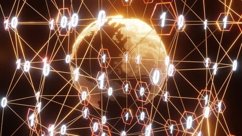 4K Artistic infographics binary numbers tunnel and Earth globe rotation. Technology Network