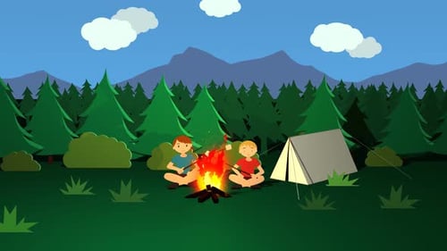 Animated Camping Scene with Day Night Transition Loop