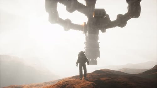 Astronaut on Alien Planet Approaches Massive Futuristic Spacecraft