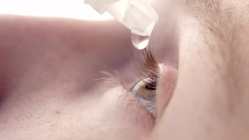 Closeup Young Man Drops Eye Drops Install Lenses Moisturizing Using Medical Eyes Drops Suffering