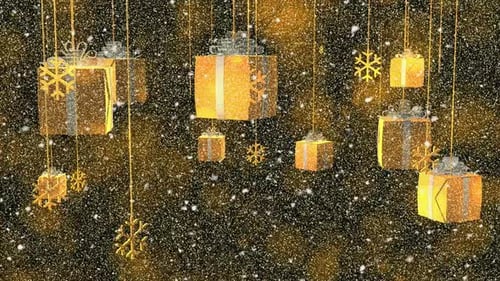 Golden Gift Boxes Snowflakes Falling Snow Christmas Background Loop