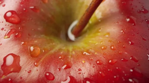 Makro aus rotem Apfel mit sich drehendem Wasser