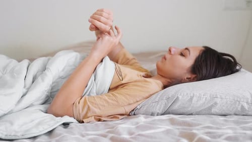 Young Woman Goes to Sleep Phone Addiction Insomnia