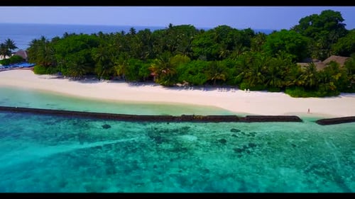 Aerial above scenery of paradise resort beach trip by blue green water and white sandy background of
