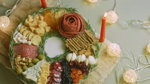 Flat Charcuterie with Salami Different Kinds of Cheese