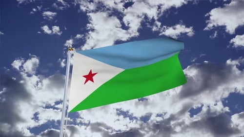 Realistic Waving Flag of Djibouti Against Blue Sky