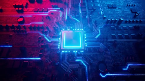 Datenfluss in einem Motherboard im PC. Prozessor zwischen Schaltungen und Elektronik.
CPU