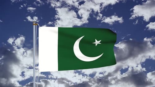 Realistic Pakistan National Flag Waving in Blue Sky with Clouds