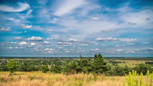 Landscape Fields and Moving Clouds in Blue Sky. Timelapse. Amazing Rural Valley. Ukraine