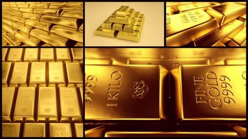 Concurrently footage of five different golden ingots animations. Loopable. HD