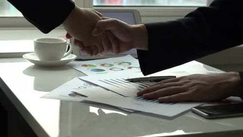 Business People Reviewing Documents and Shake Hands