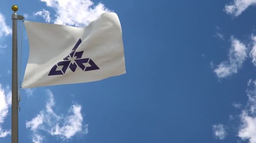 Geometric Corporate Flag Waving Against Blue Sky
