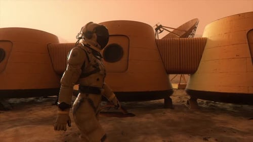 Astronaut on the Planet Mars Making a Detour Around His Base