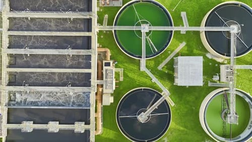 Aerial View of Modern Water Cleaning Facility at Urban Wastewater Treatment Plant
