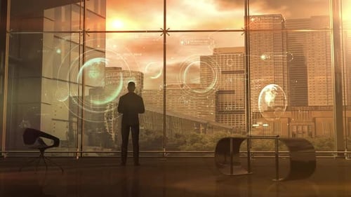 Futuristic Holographic Data UI in Corporate Office Environment