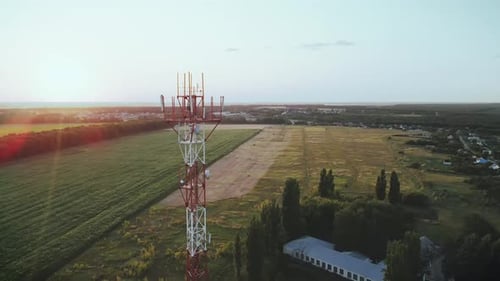 Telecom tower with 5g base station antenna. Aerial view of telephone mast