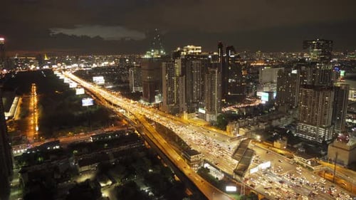 Aerial view of busy cars with traffic jam in the rush hour on highway road street