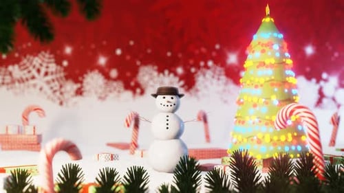 Animated Christmas Scene with Snowman and Decorated Tree
