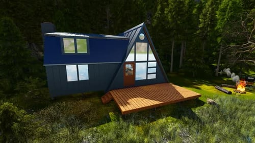 Modern A-Frame House with Campfire in Forest 3D Animation