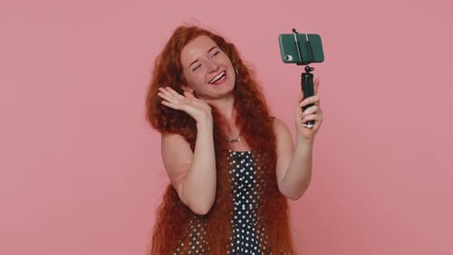 Girl Blogger Take Selfie on Mobile Phone Selfie Stick Communicate Video Call Online with Subscribers