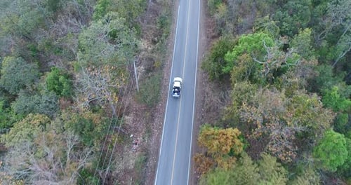 Aerial view country road in forest