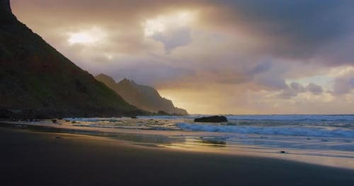 Empty Black Sand Beach in Tenerife Island During Sunset