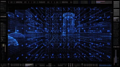 Futuristic Digital Cityscape Data Analysis HUD Background