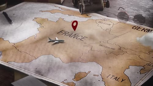 Airplane Journey Across a Vintage World Map to a Location Pin