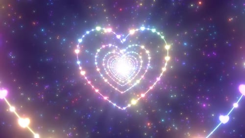Heart Shape Made of Hearts Tunnel Glows Rainbow Neon Sparkling Lights - 4K