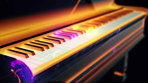 Energetic Piano Keyboard with Glowing Keys and Light Particles