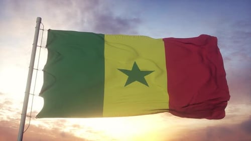Senegal Flag Waving in the Wind Sky and Sun Background