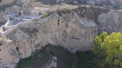 Aerial View of Cave Town in Volcanic Rock Formations.