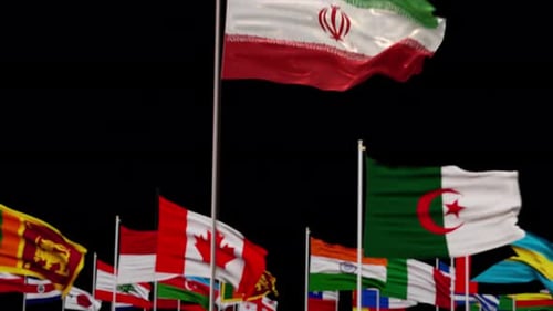 Waving Flag of Iran Among Many Nations