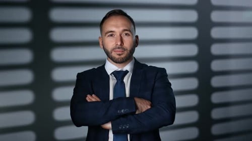 Handsome Business Man Trendy Suit Tie Posing with Crossed Hands at Night Office with Jalousie Shadow