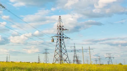 Power Line, Running Clouds During The Day, Timelapse