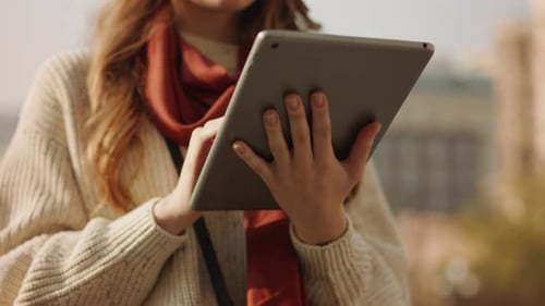 Woman Hands Using Tablet on City Street, Unrecognizable Lady Chatting on Tablet