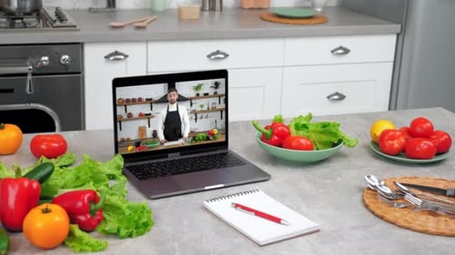 Laptop Cooking Tutorial with Fresh Vegetables