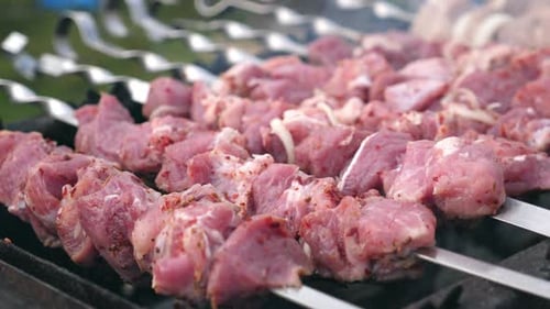 Schweinekebab am Spieß beim Grillen