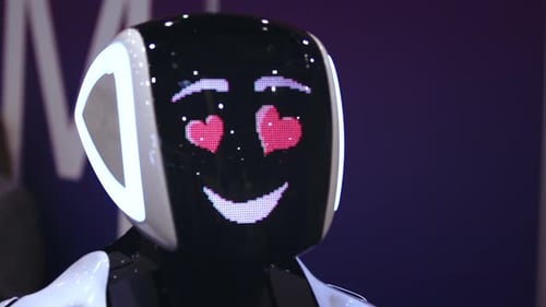 Pulse Heart Cyborg Digital-Display-Look. Lächeln Sie Roboter-Liebe. Portrait-Nahaufnahme.