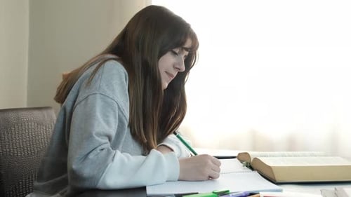 Young Woman Studying and Writing at Desk