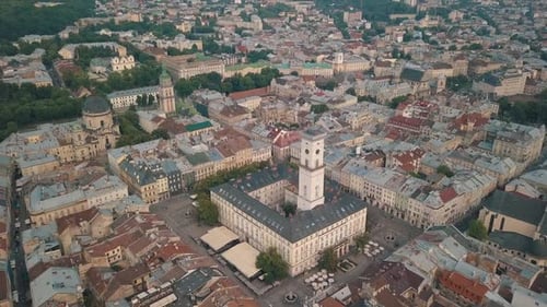 Aerial Drone Video of European City Lviv, Ukraine. Rynok Square, Central Town Hall, Dominican Church
