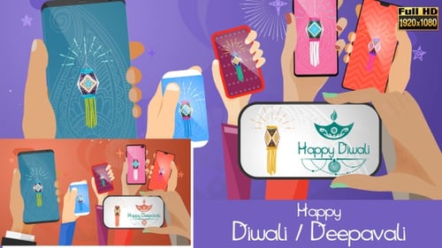 Animated Flat Design Diwali Celebration on Mobile Phones