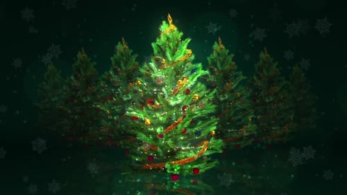 Christmas Tree Celebration with Twinkling Lights and Falling Snowflakes