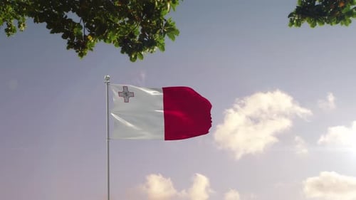 Malta Flag Waving Above Modern City Skyline