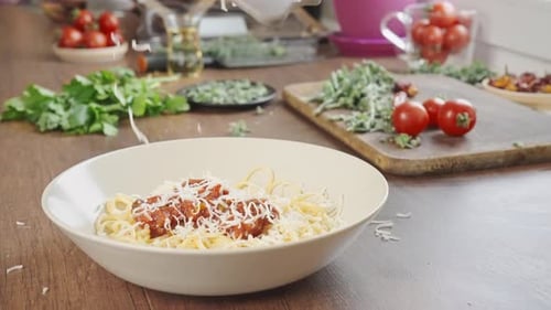 Grated Cheese Fall on the Plate Spaghetti
